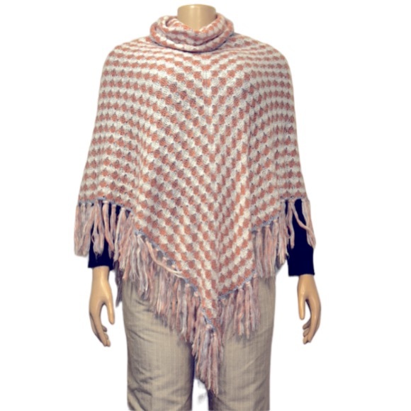 Karma Woman's Poncho Turtleneck loose Knit Fringe hem Ivory Pink blue size OS - Picture 1 of 14